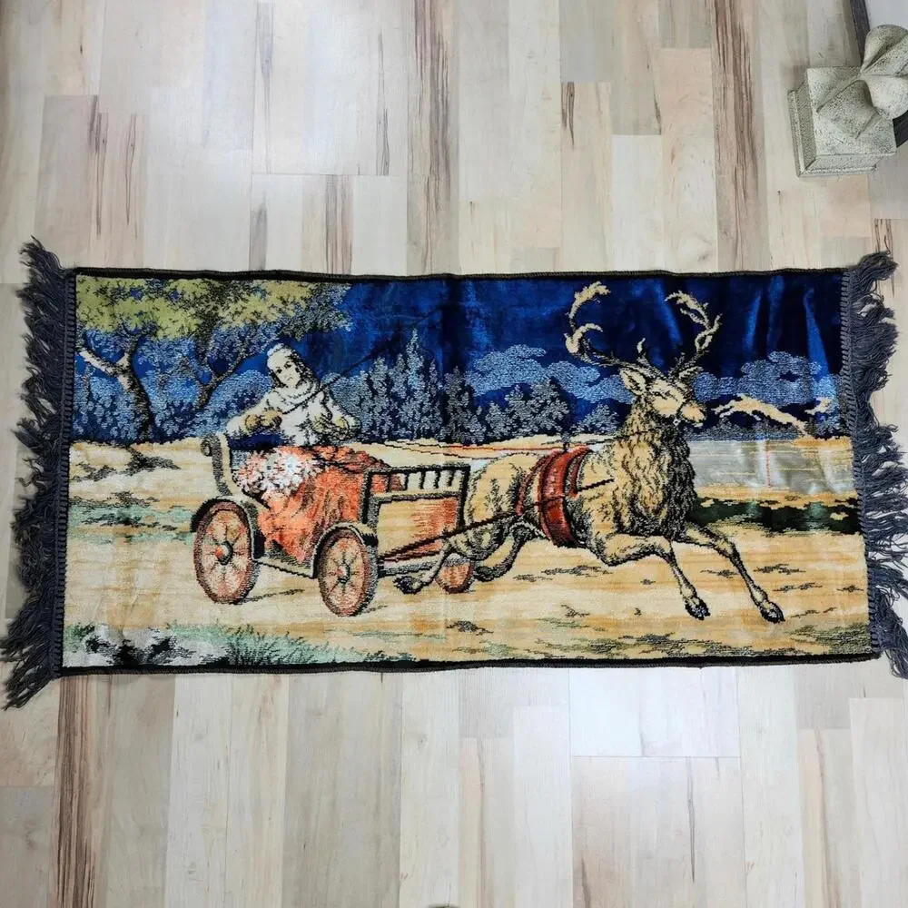 Vintage Tapestry Rug with Deer and Carriage Scene